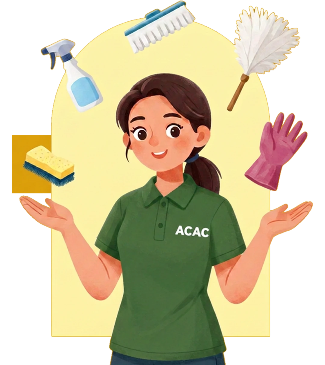Illustration of a lady relaxing in her armchair while the housework is taken care of
