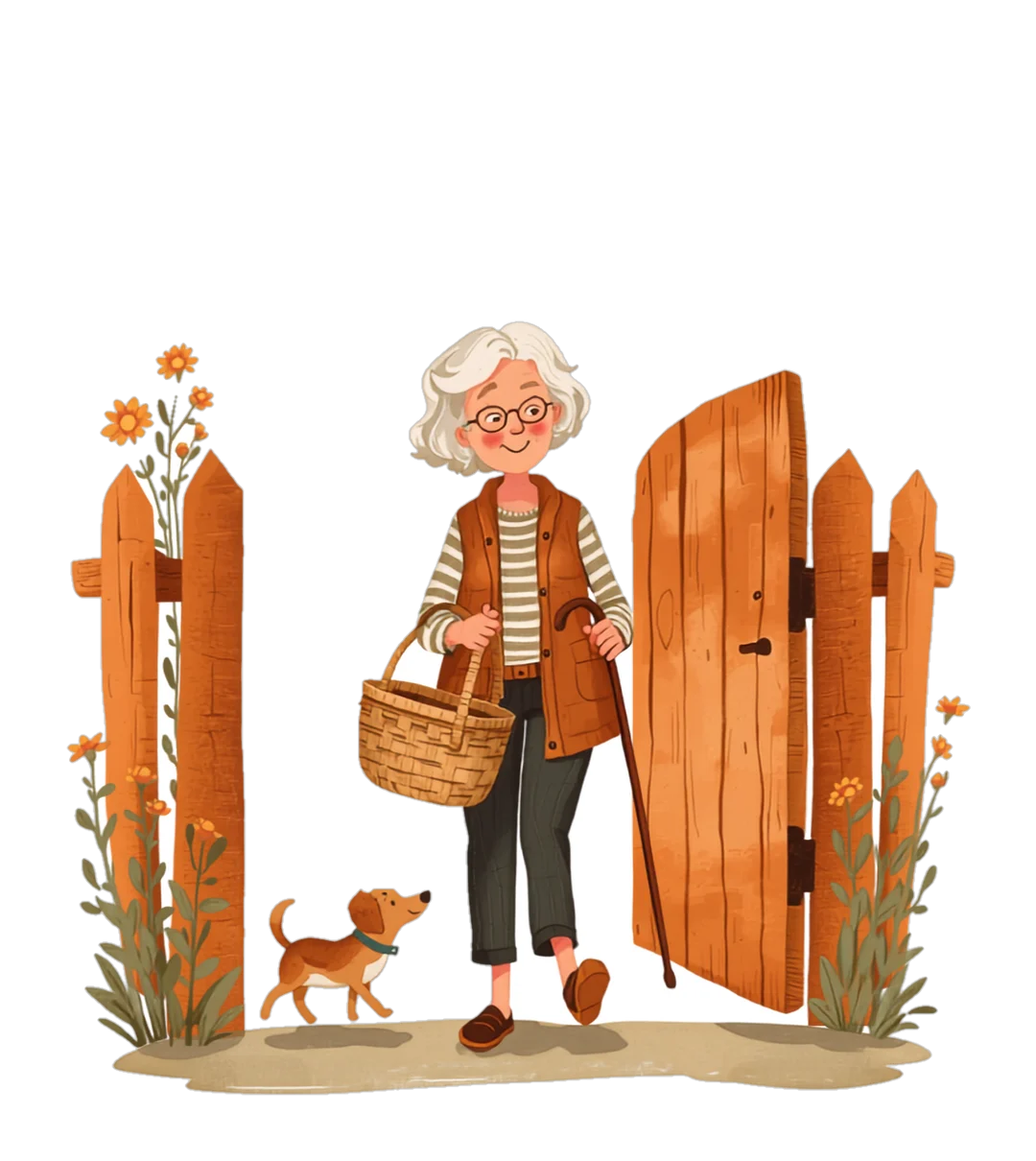 Illustration of a lady heading out through her garden gate with her basket and her dog