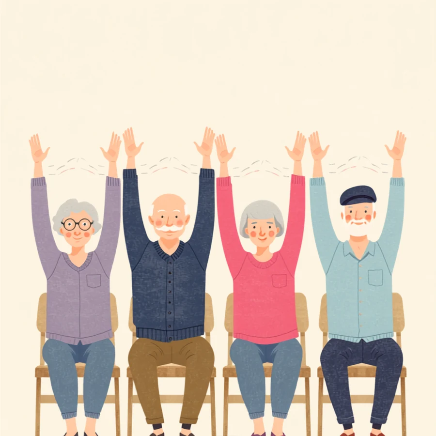 A cheerful row of seniors doing seated arm stretches