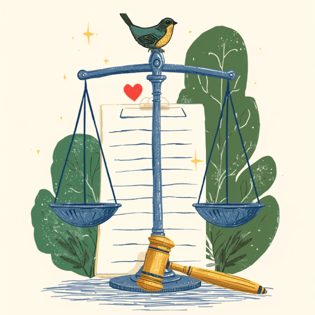 Hand-drawn scales of justice with a little bird perched on top and a statement of rights behind