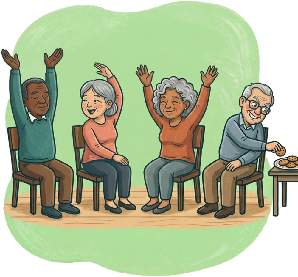 A cheerful row of four seniors doing seated arm stretches on chairs, one reaching for a biscuit