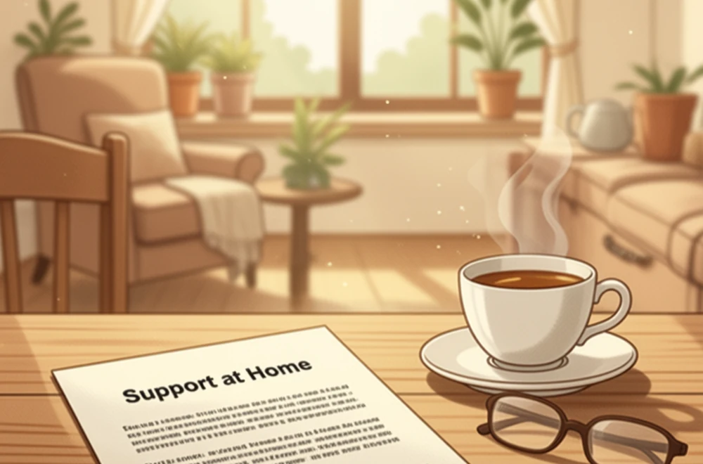 A cosy sunlit living room with an approved Support at Home letter, a cup of tea and reading glasses on the table